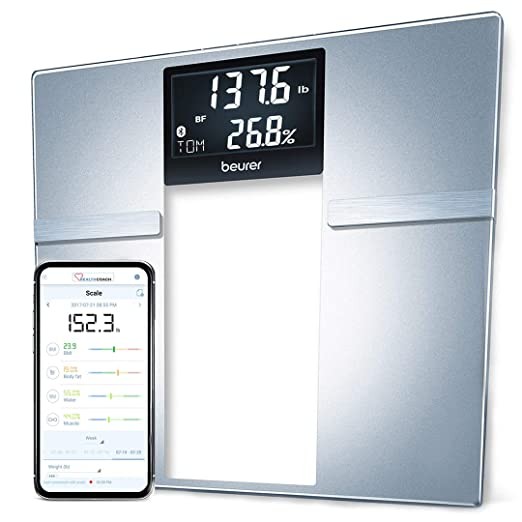 Beurer F70 Body Fat Scale, Weight, Water and More, Smart Digital Scale for Whole Body Analysis, BMI and Calorie Display, App Sync via Bluetooth, User Identification, 8 Memory Spaces, Grey