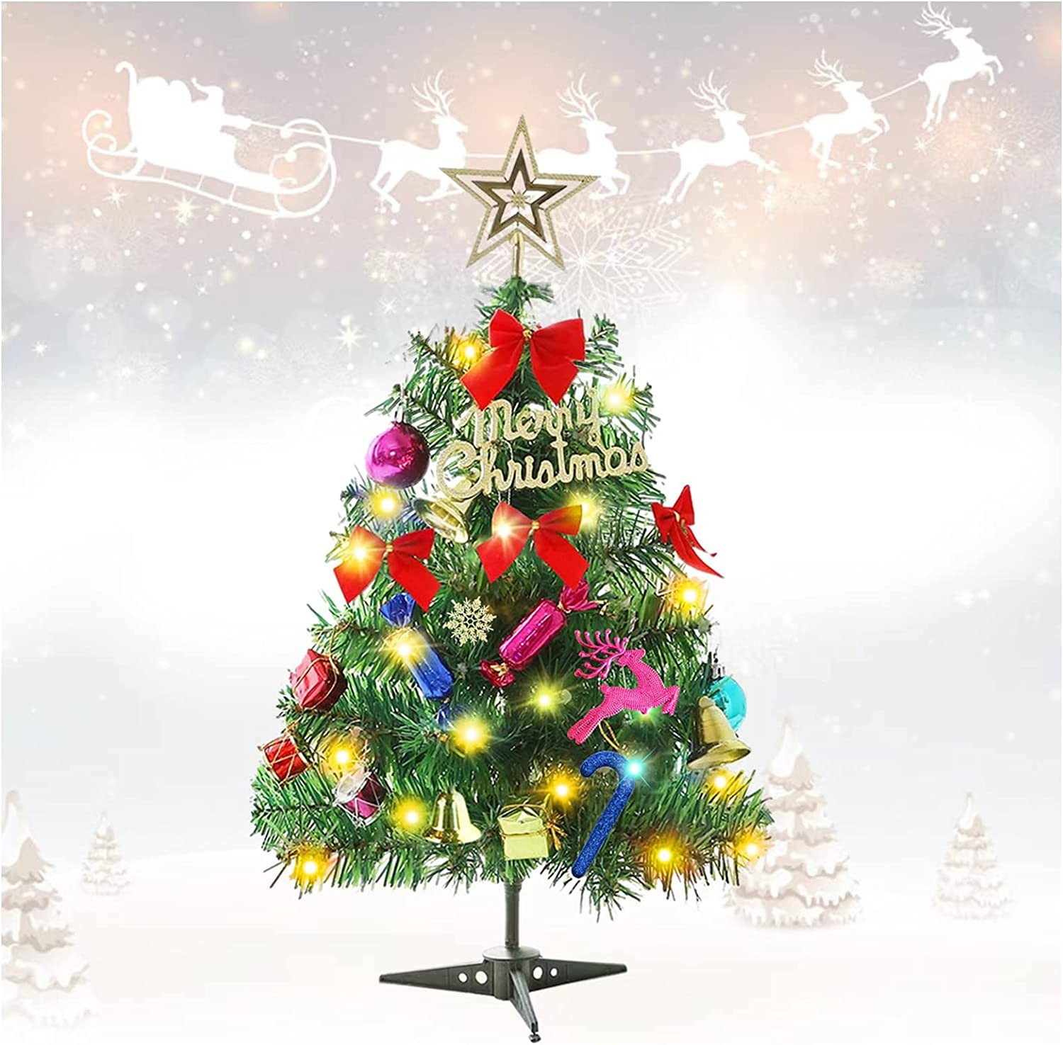 24"/60cm Tabletop Xmas Tree, Artificial Mini Christmas Pine Tree with LED String Lights & Ornaments (Xmas Tree)